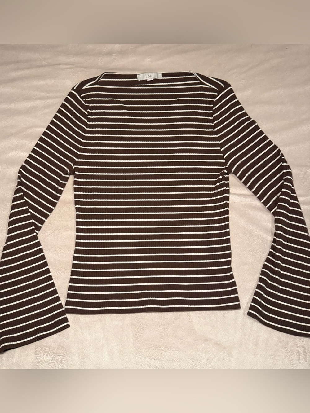LOFT Brown & White Striped Bell-Sleeve Ribbed Top